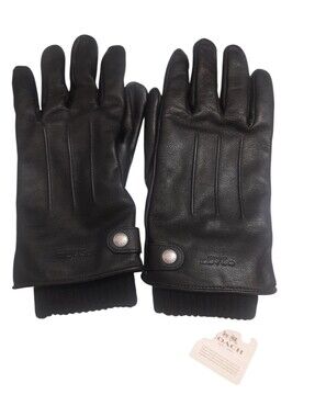 Coach Men's Black Leather Gloves with Snap Cuff NWT